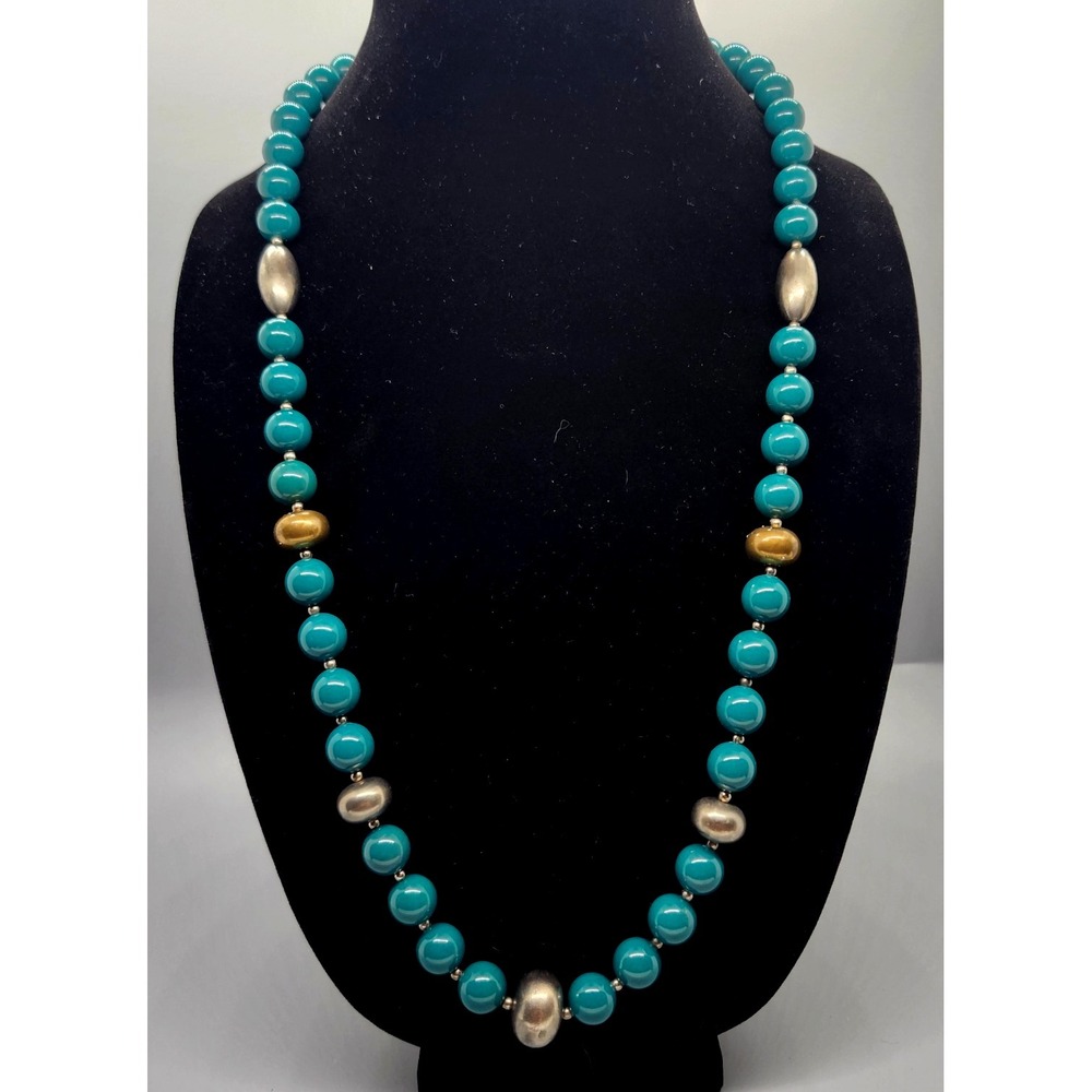 Vintage Teal Beaded Necklace Silver‎ Gold Tone Accents Round Oval Beads 24 Inch